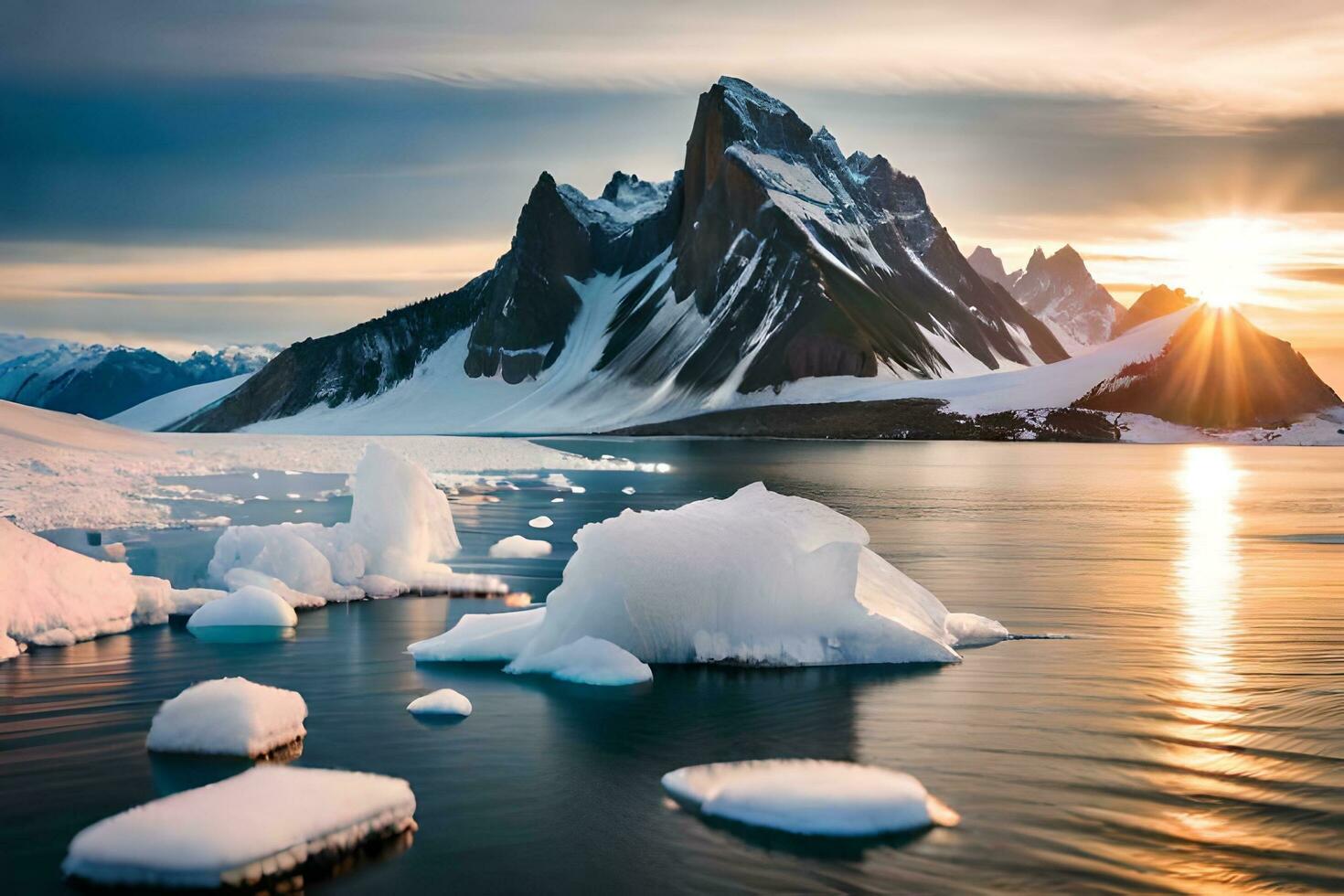 the sun sets over the mountains and icebergs in the arctic. AI-Generated photo