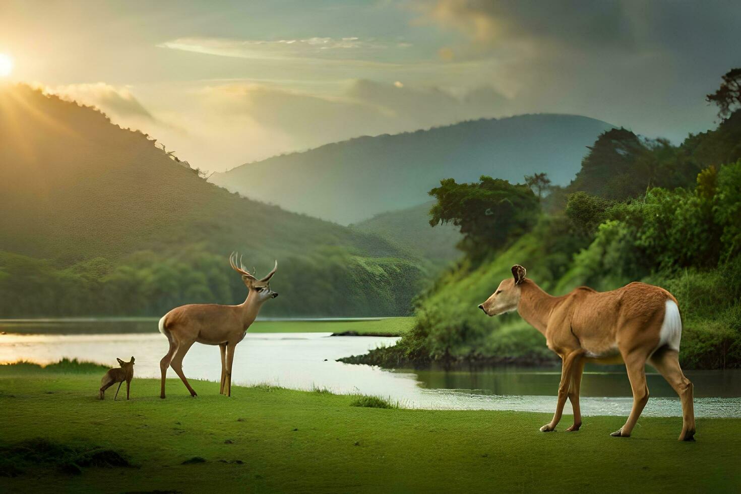 deer and baby deer in the forest at sunset. AI-Generated photo