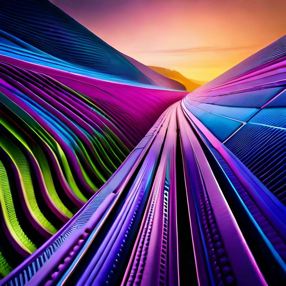 a colorful train track with a sunset in the background. AI-Generated photo