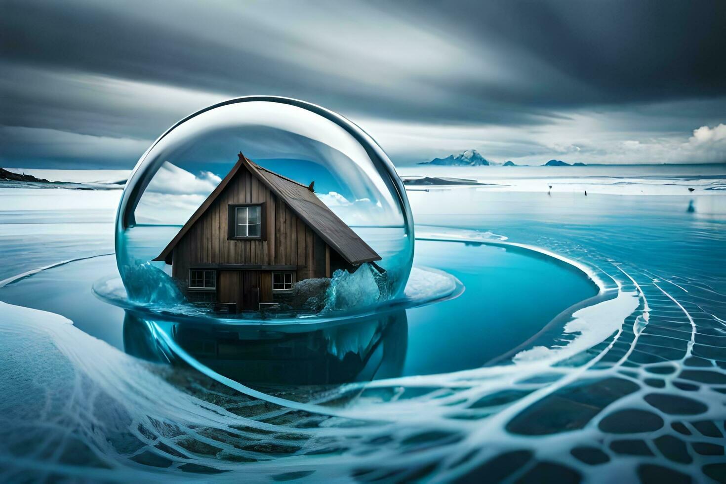 a house inside a glass ball on the water. AI-Generated photo