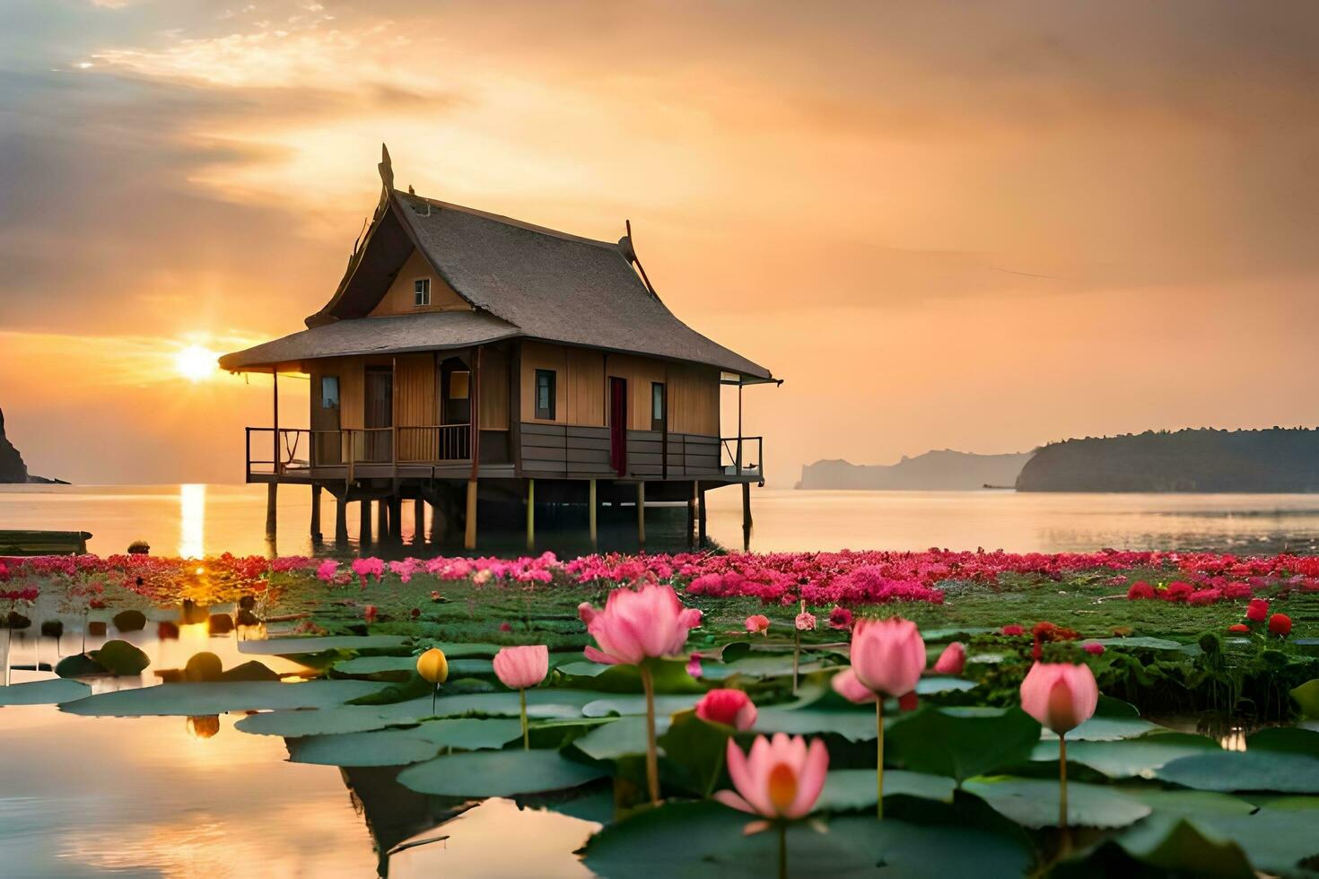 a house with pink lotus flowers in front of the water. AI-Generated photo