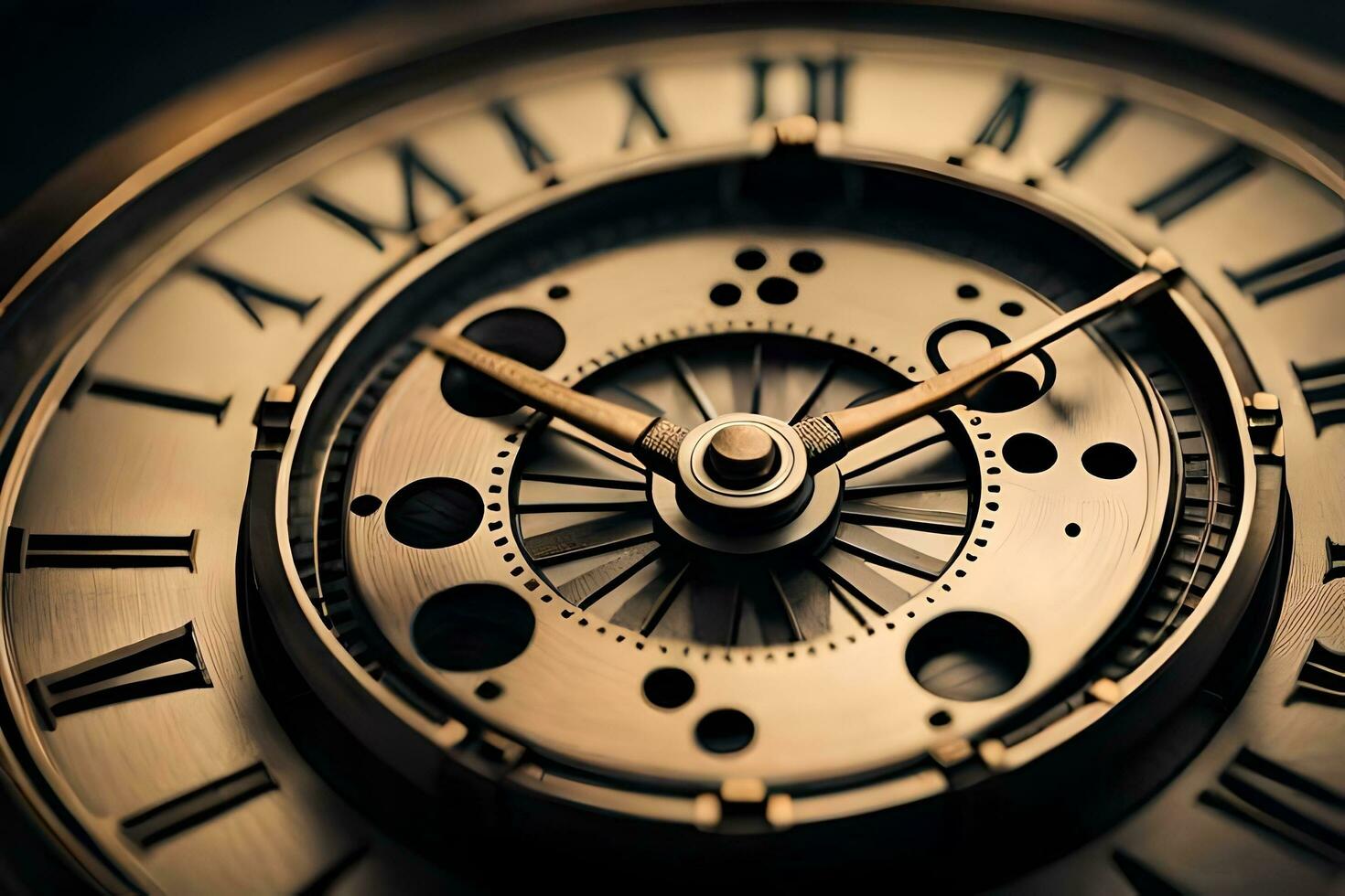 a close up of a clock face with roman numerals. AI-Generated photo