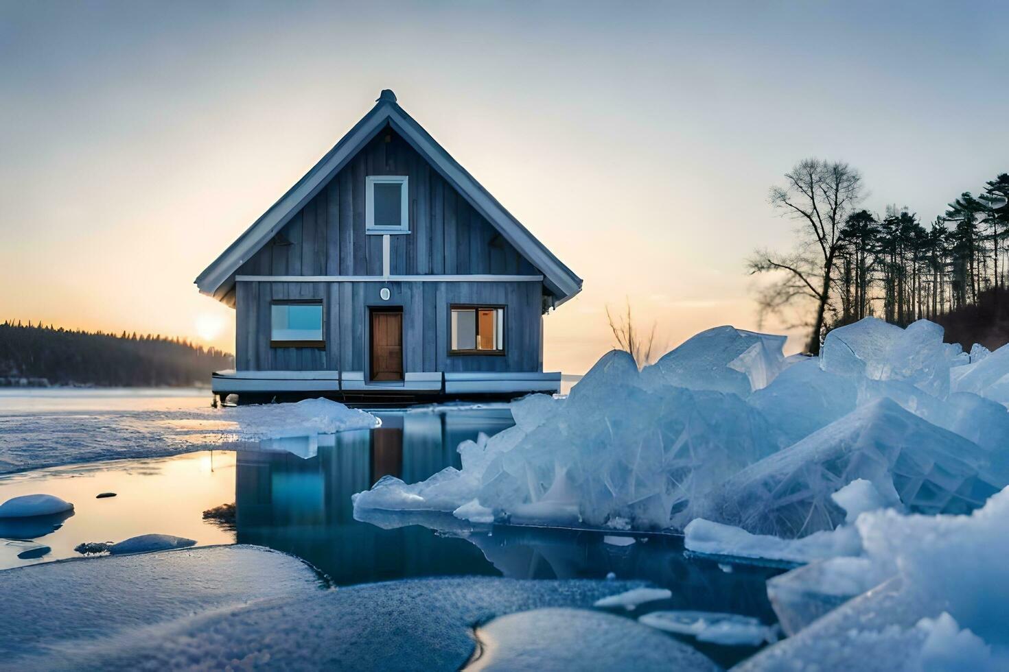 a small cabin sits on top of an ice floe. AI-Generated photo