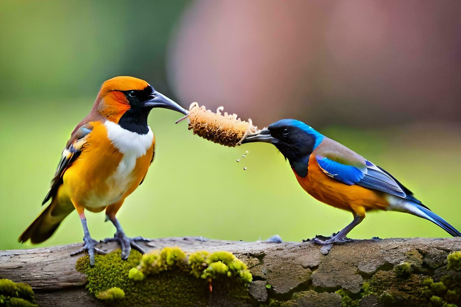 dos aves comiendo desde un rama. generado por ai foto