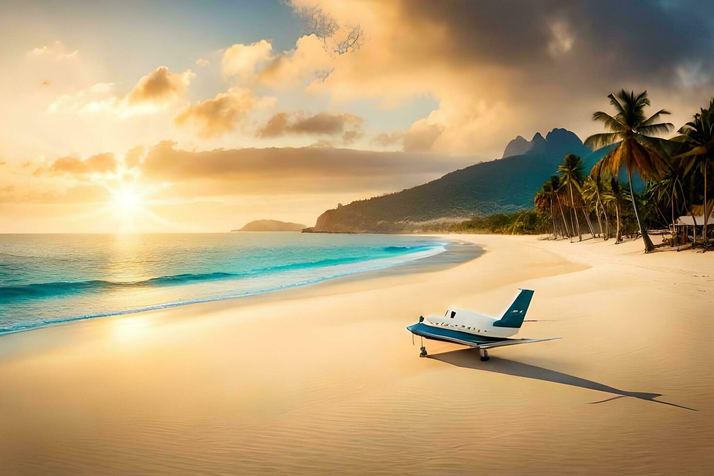 un pequeño avión se sienta en el playa a puesta de sol. generado por ai foto