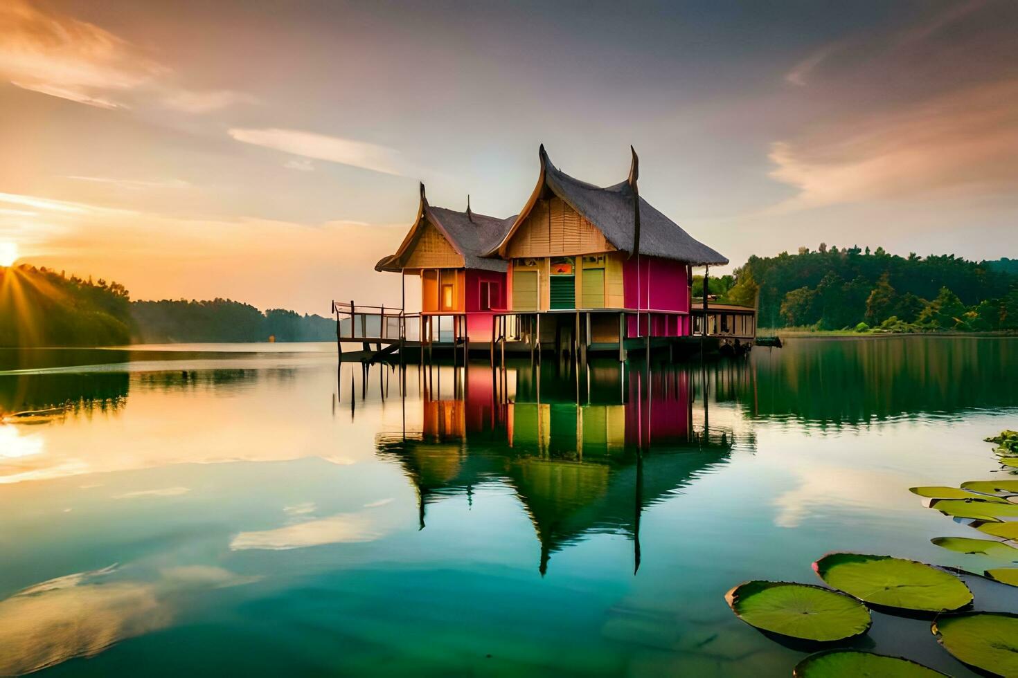 a colorful house sits on the water at sunset. AI-Generated photo