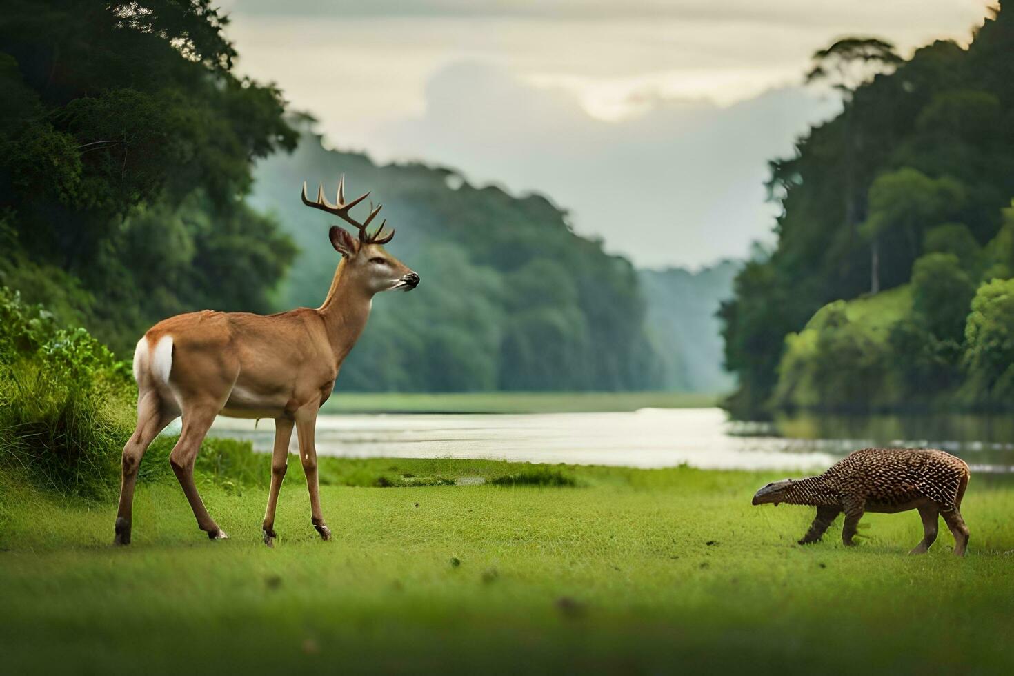 a deer and an armadillo in a field. AI-Generated photo