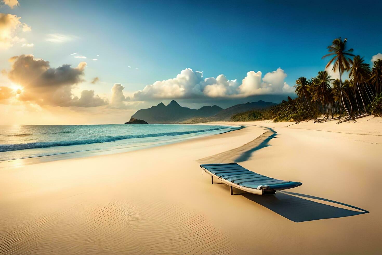 a beach with a bench sitting on the sand. AI-Generated photo
