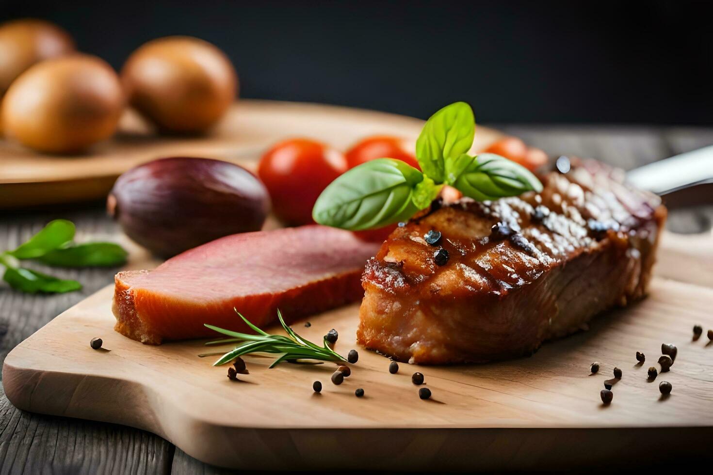 grilled meat on wooden cutting board with tomatoes and herbs. AI-Generated photo