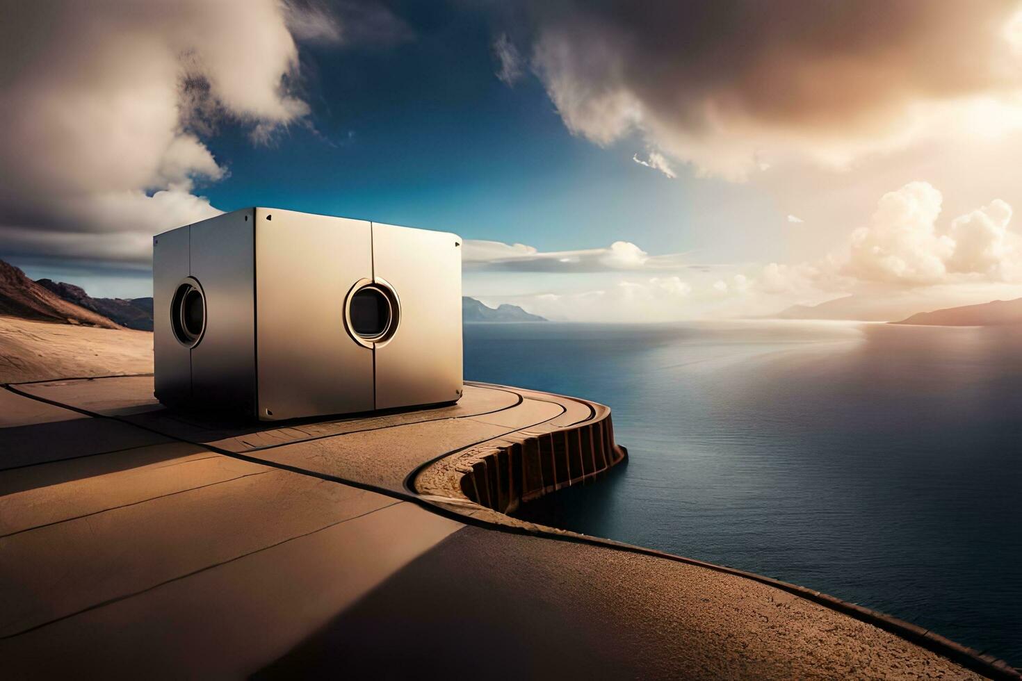 a cube shaped speaker sits on a ledge overlooking the ocean. AI-Generated photo