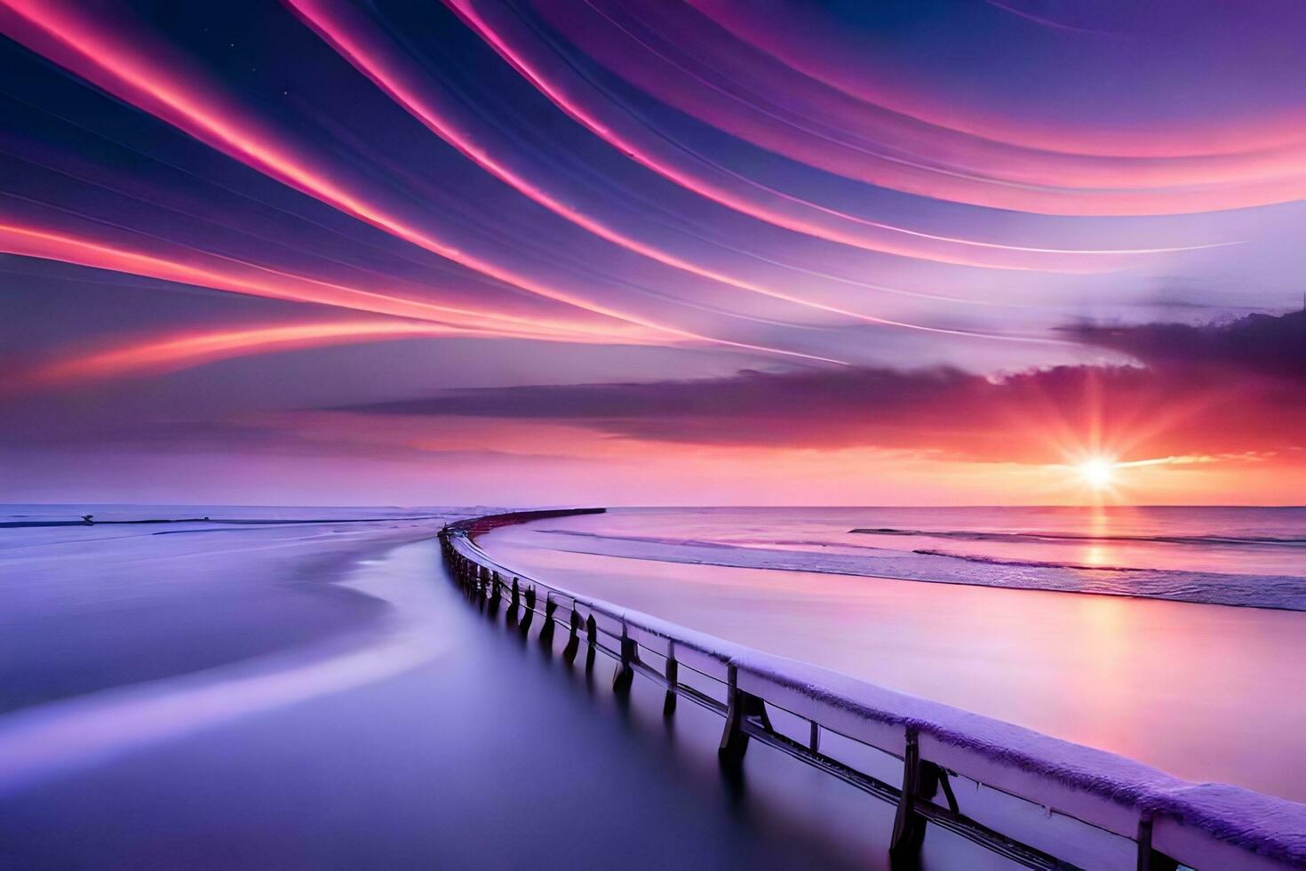 a long exposure photograph of a beach at sunset. AI-Generated photo