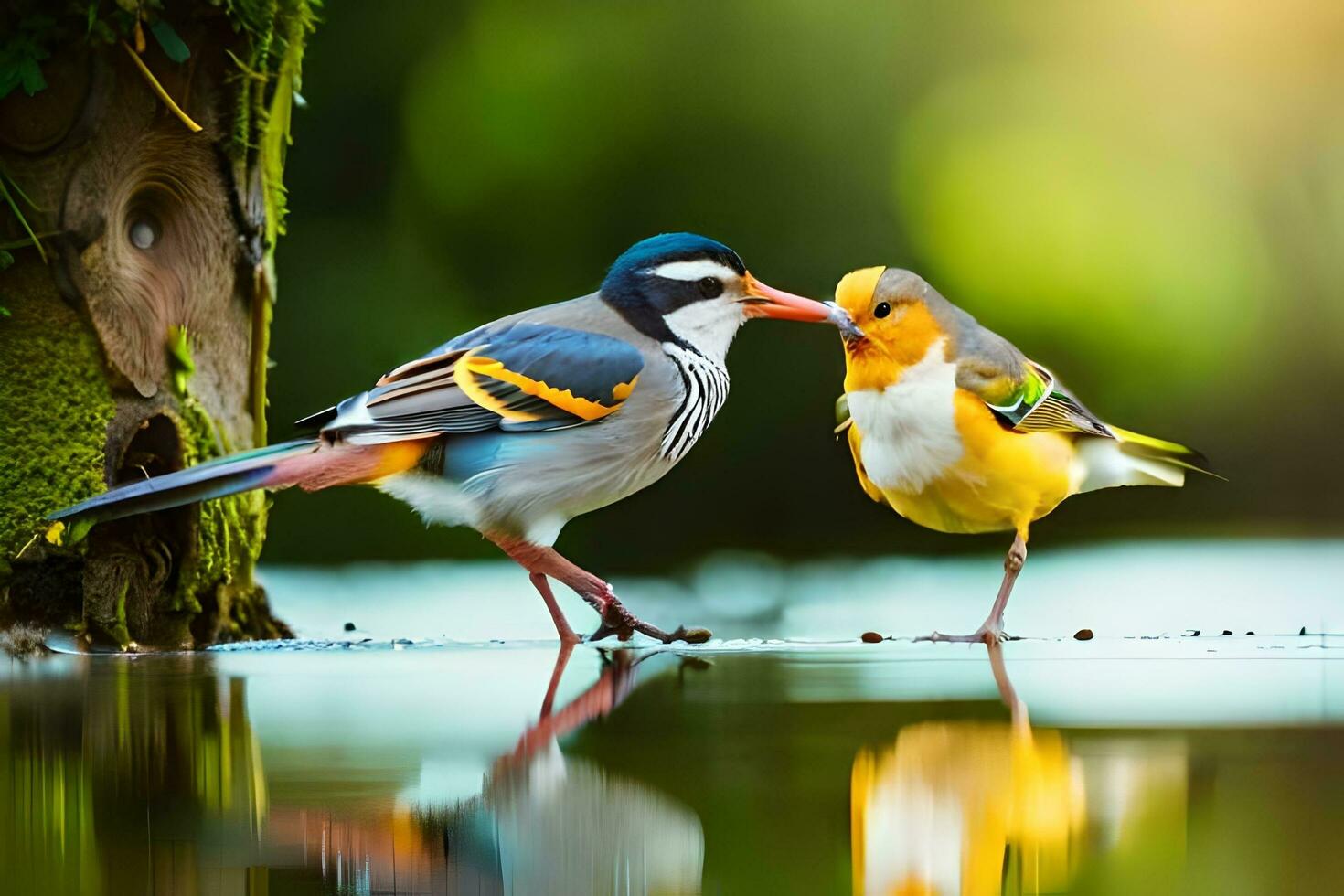 dos aves en pie en agua con un verde árbol en el antecedentes. generado por ai foto