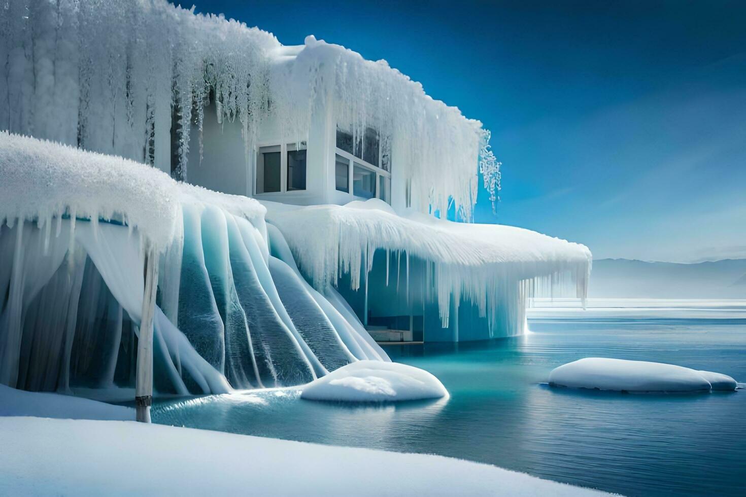 ice covered house on lake with blue sky. AI-Generated photo
