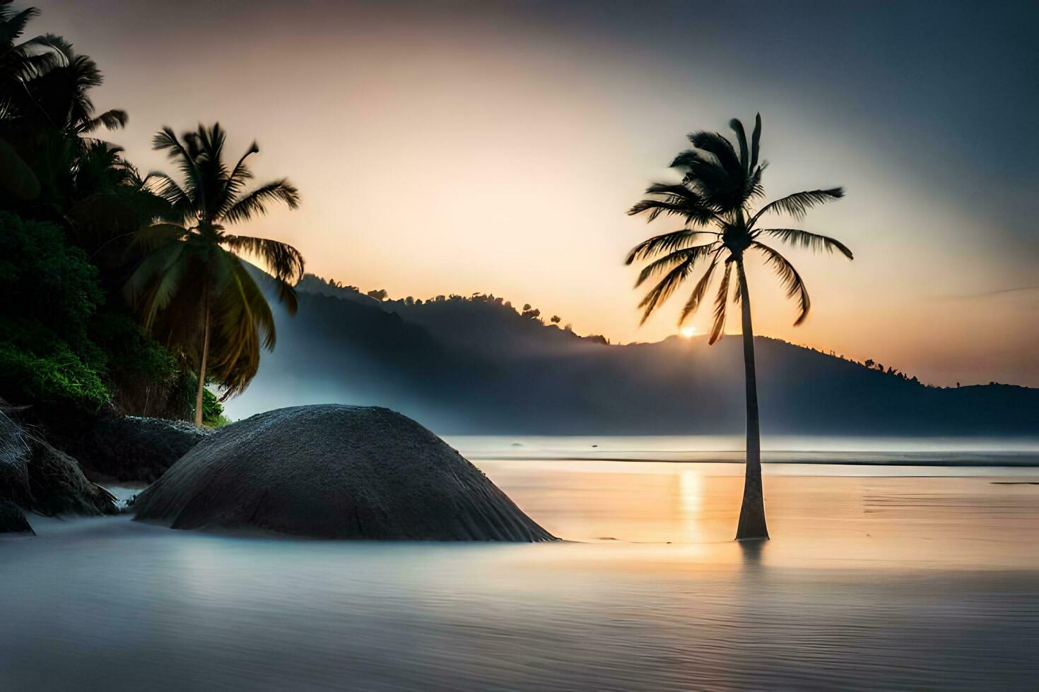 a beach with palm trees and rocks at sunset. AI-Generated photo