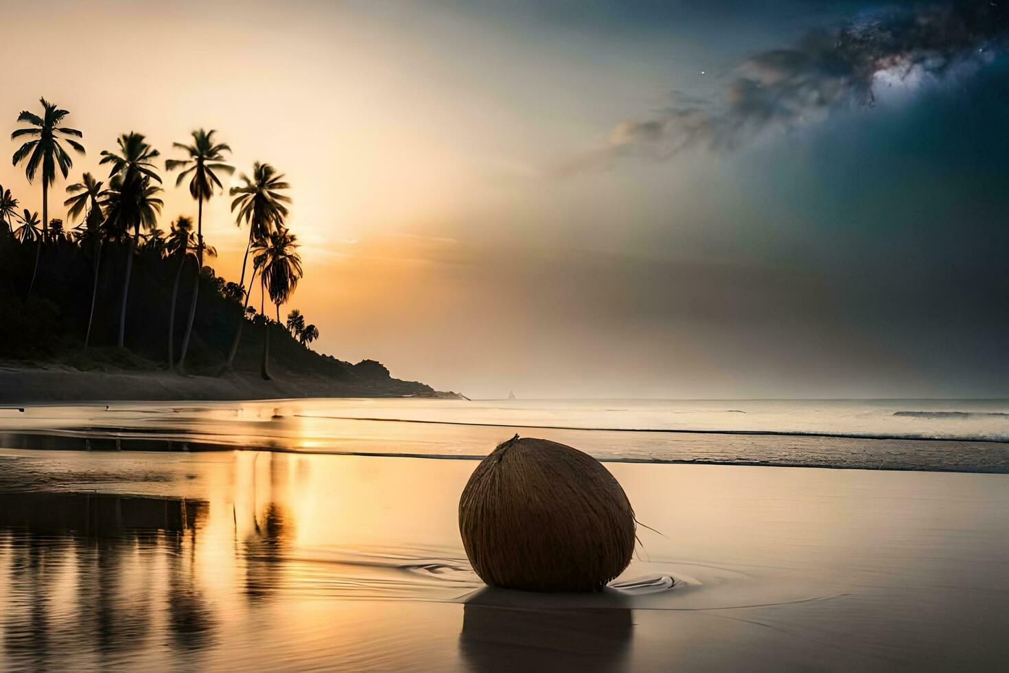 coconut on the beach at sunset. AI-Generated photo