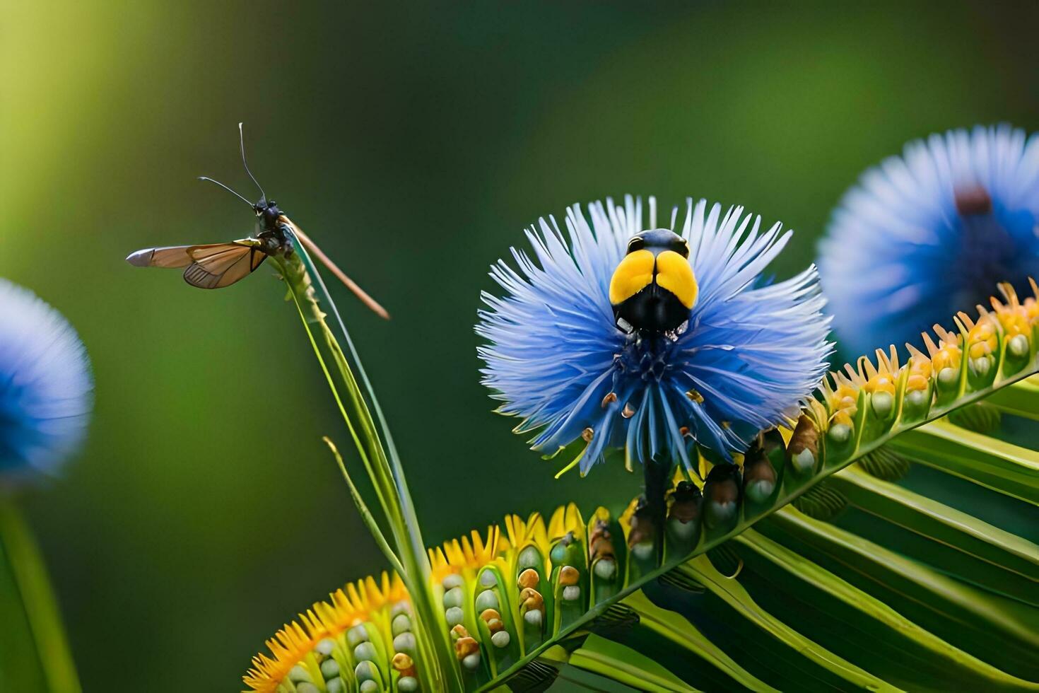 a yellow and black bug on a blue flower. AI-Generated photo