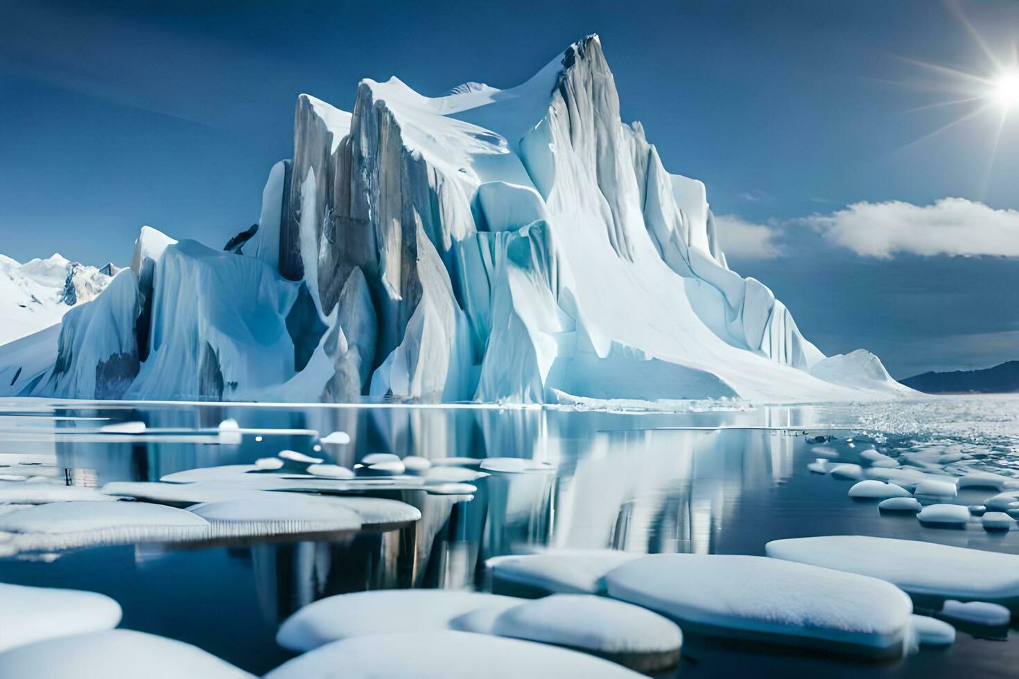 an iceberg in the middle of a lake with snow. AI-Generated photo