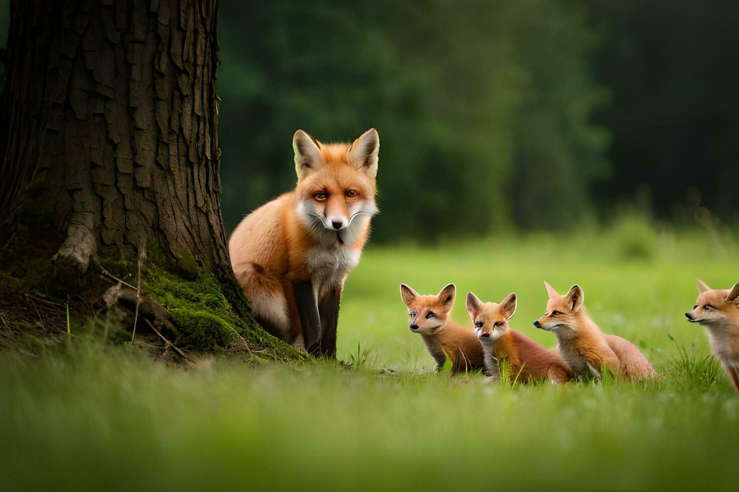 un zorro familia con dos cachorros en el césped. generado por ai foto