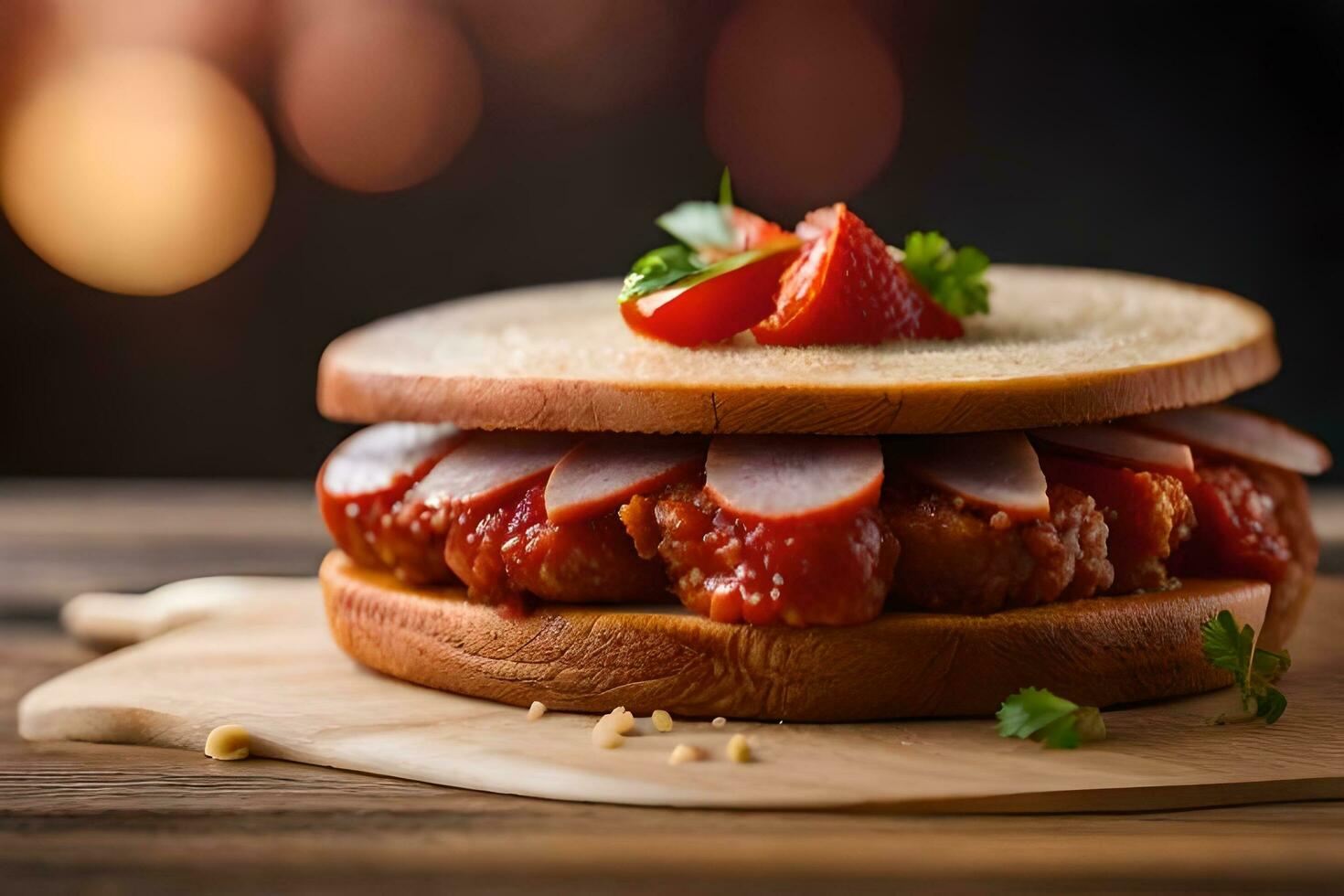 un emparedado con carne y tomate salsa en un de madera tablero. generado por ai foto