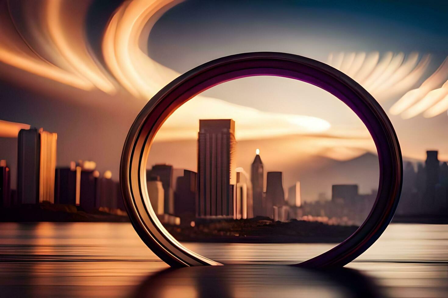 a circular ring with a city in the background. AI-Generated photo