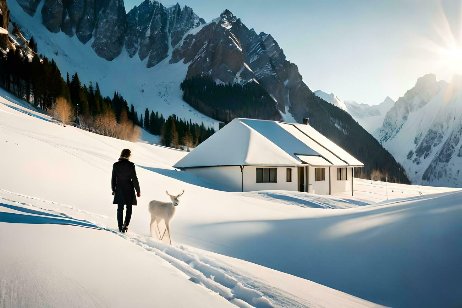 a person walking with a deer in the snow. AI-Generated photo