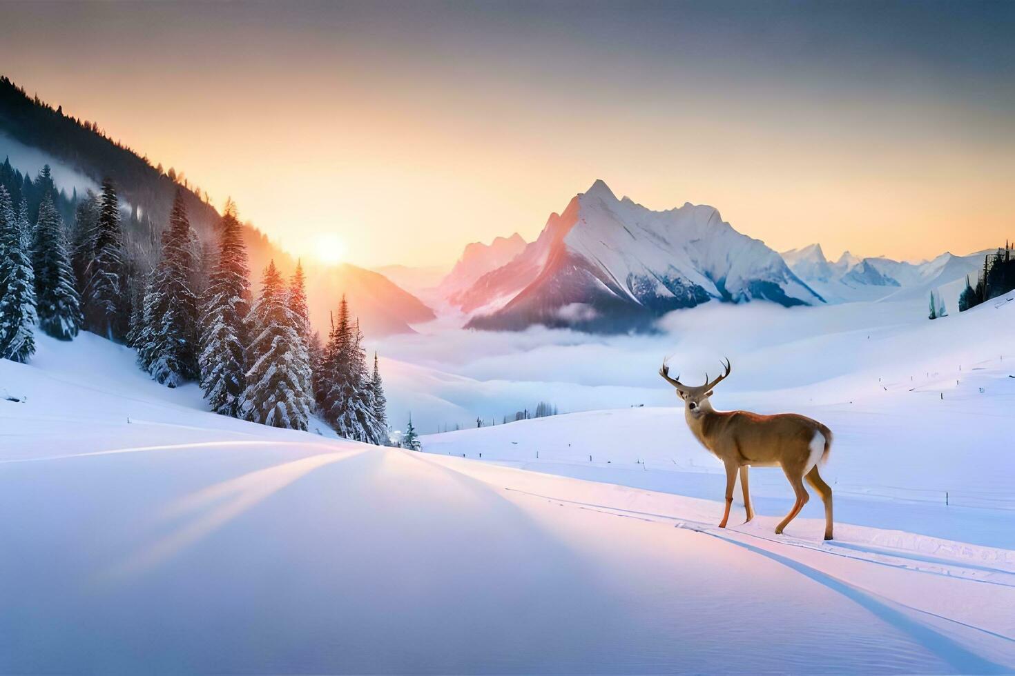 deer in the snow at sunset. AI-Generated photo