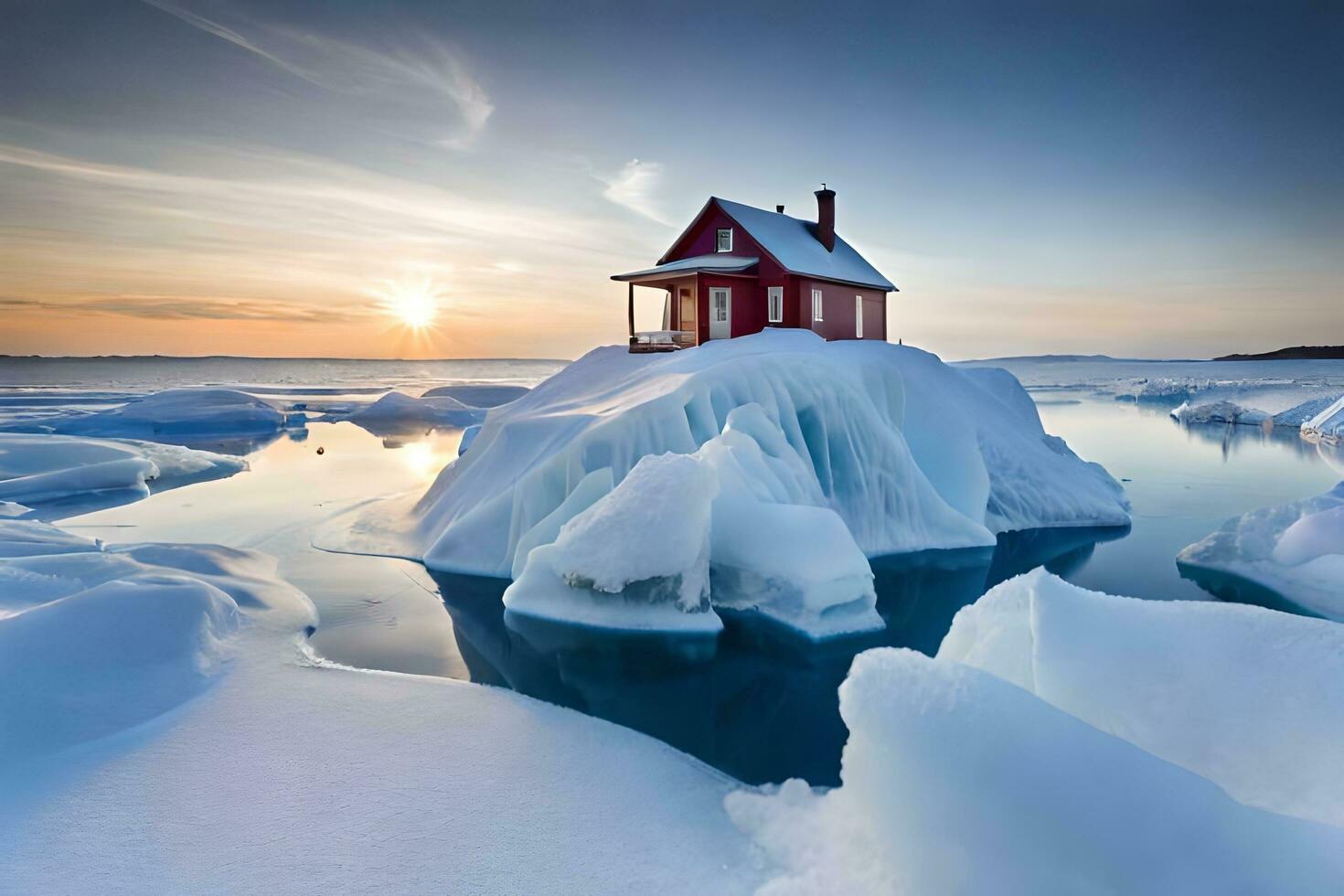 un rojo casa se sienta en un iceberg en el medio de el océano. generado por ai foto