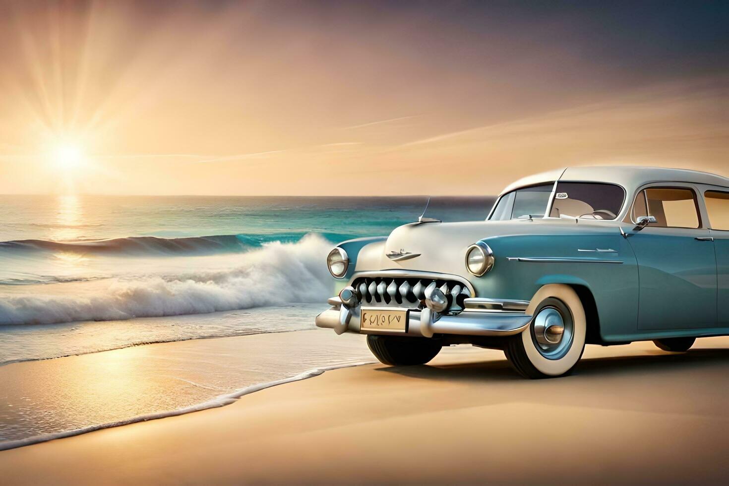 un antiguo coche en el playa a puesta de sol. generado por ai foto