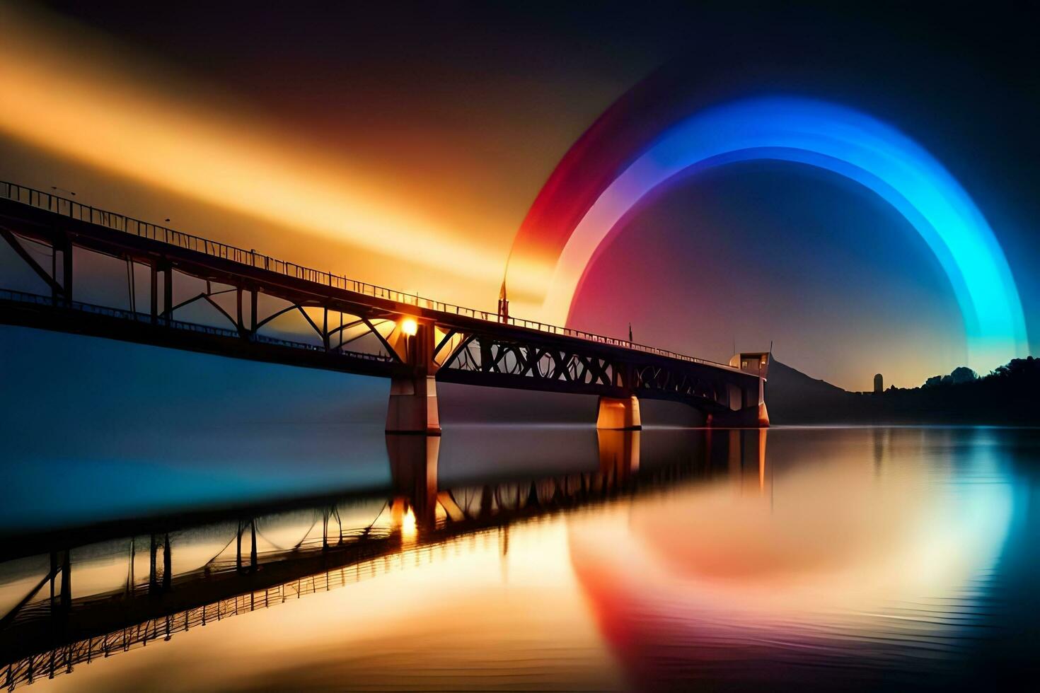 a rainbow is reflected in the water over a bridge. AI-Generated photo