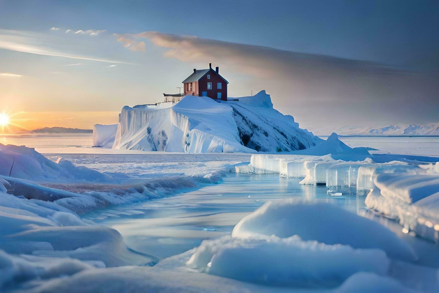 un rojo casa se sienta en parte superior de un iceberg. generado por ai foto