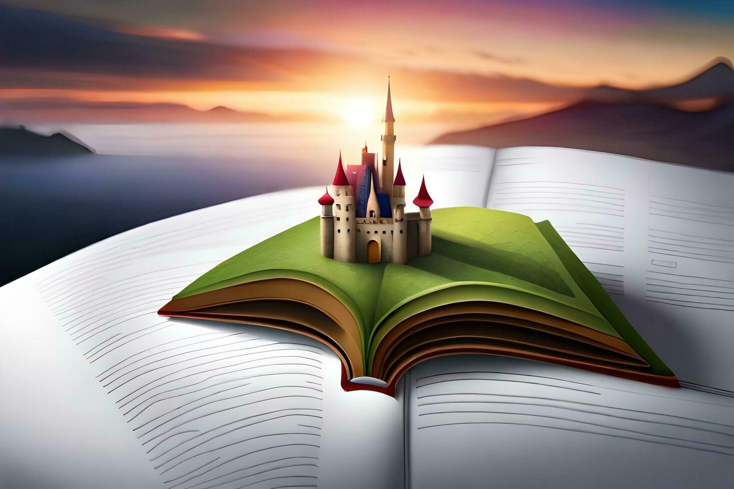 un abierto libro con un castillo en parte superior de él. generado por ai foto