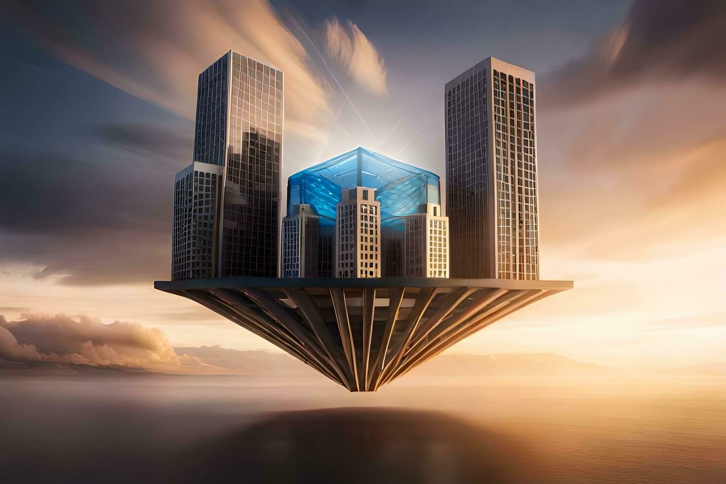 a floating city with skyscrapers in the sky. AI-Generated photo