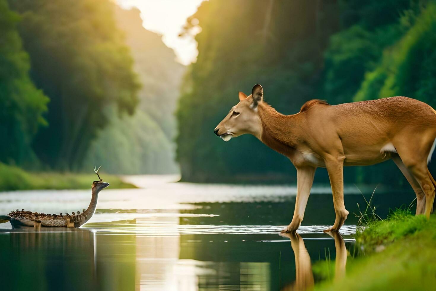 a deer and a bird standing in the water. AI-Generated photo