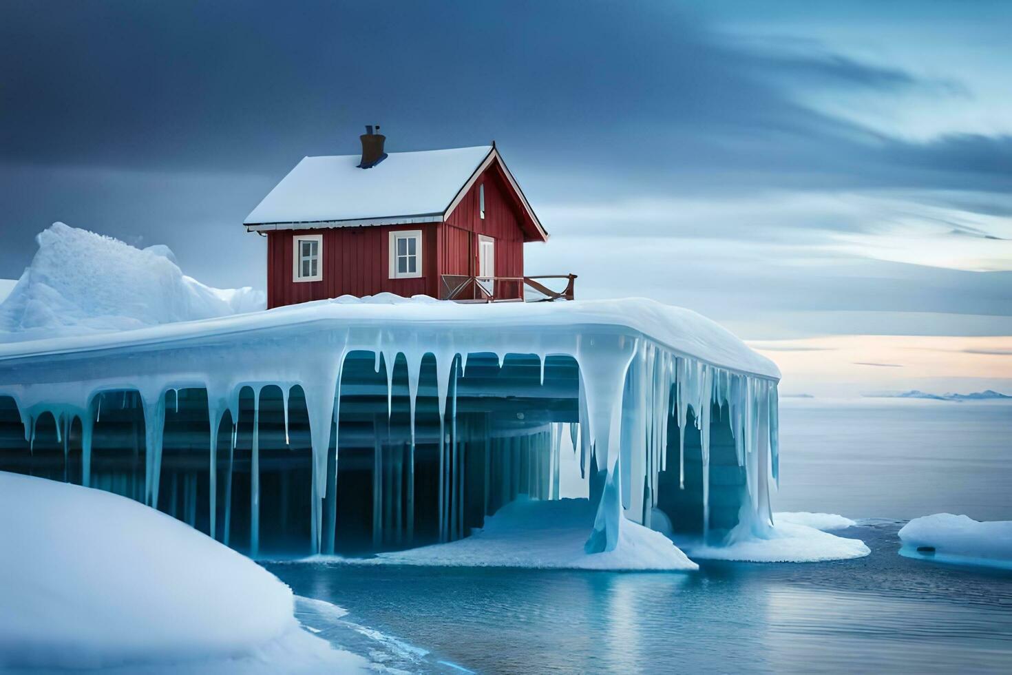 a red house sits on top of an ice covered island. AI-Generated photo