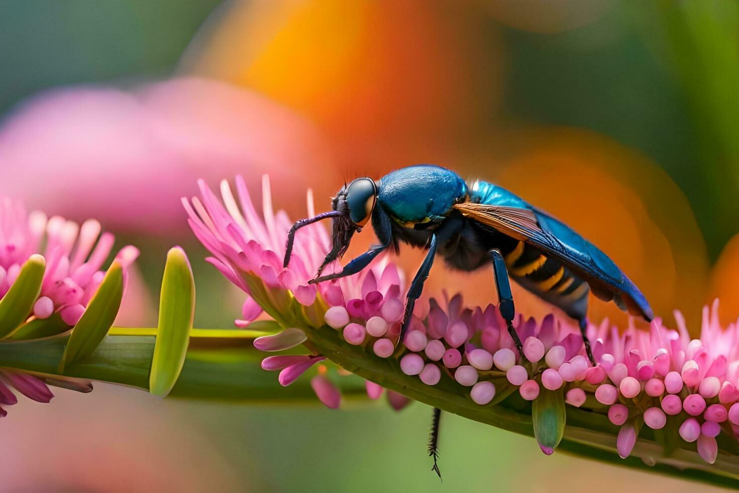 a blue and black bee on pink flowers. AI-Generated photo