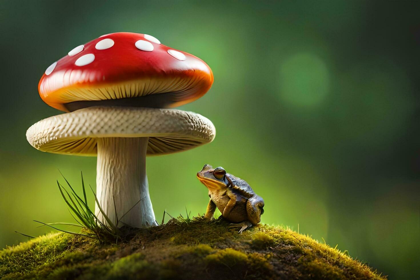 a frog and a mushroom are sitting on top of a mossy hill. AI-Generated photo