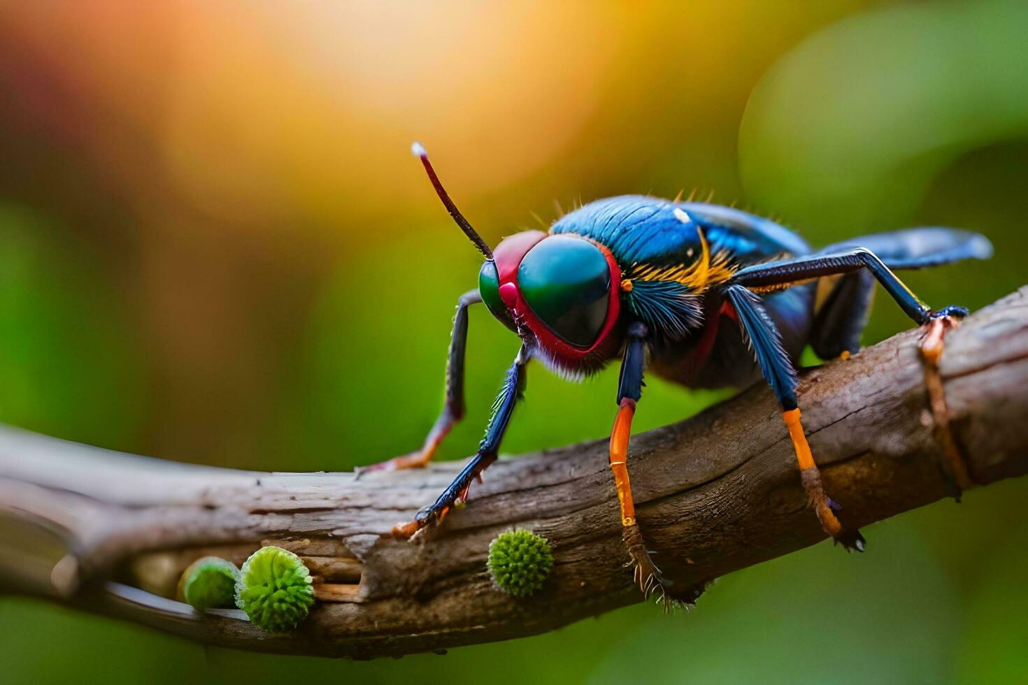 a colorful insect is sitting on a branch. AI-Generated photo