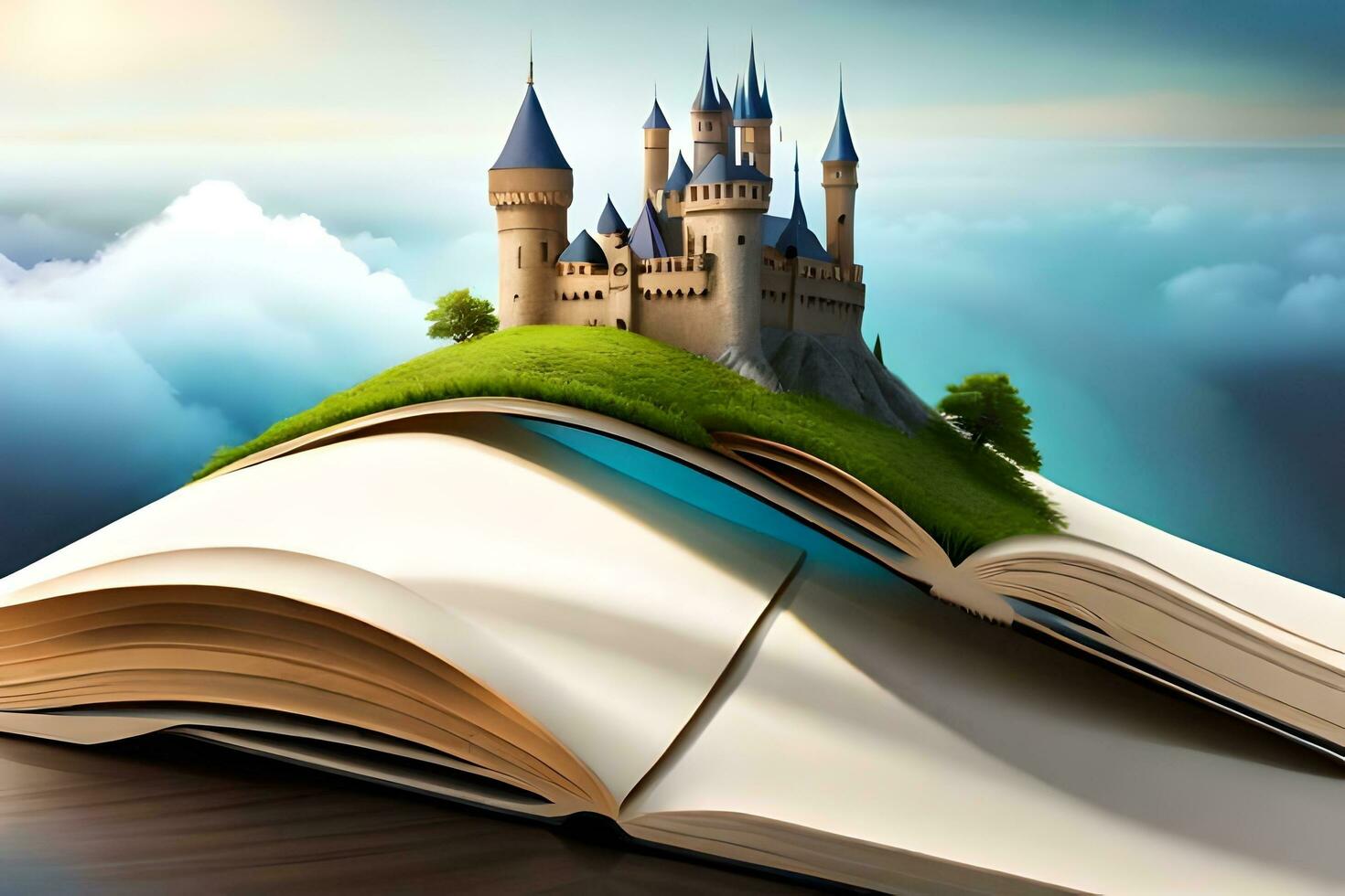 an open book with a castle on top of it. AI-Generated photo