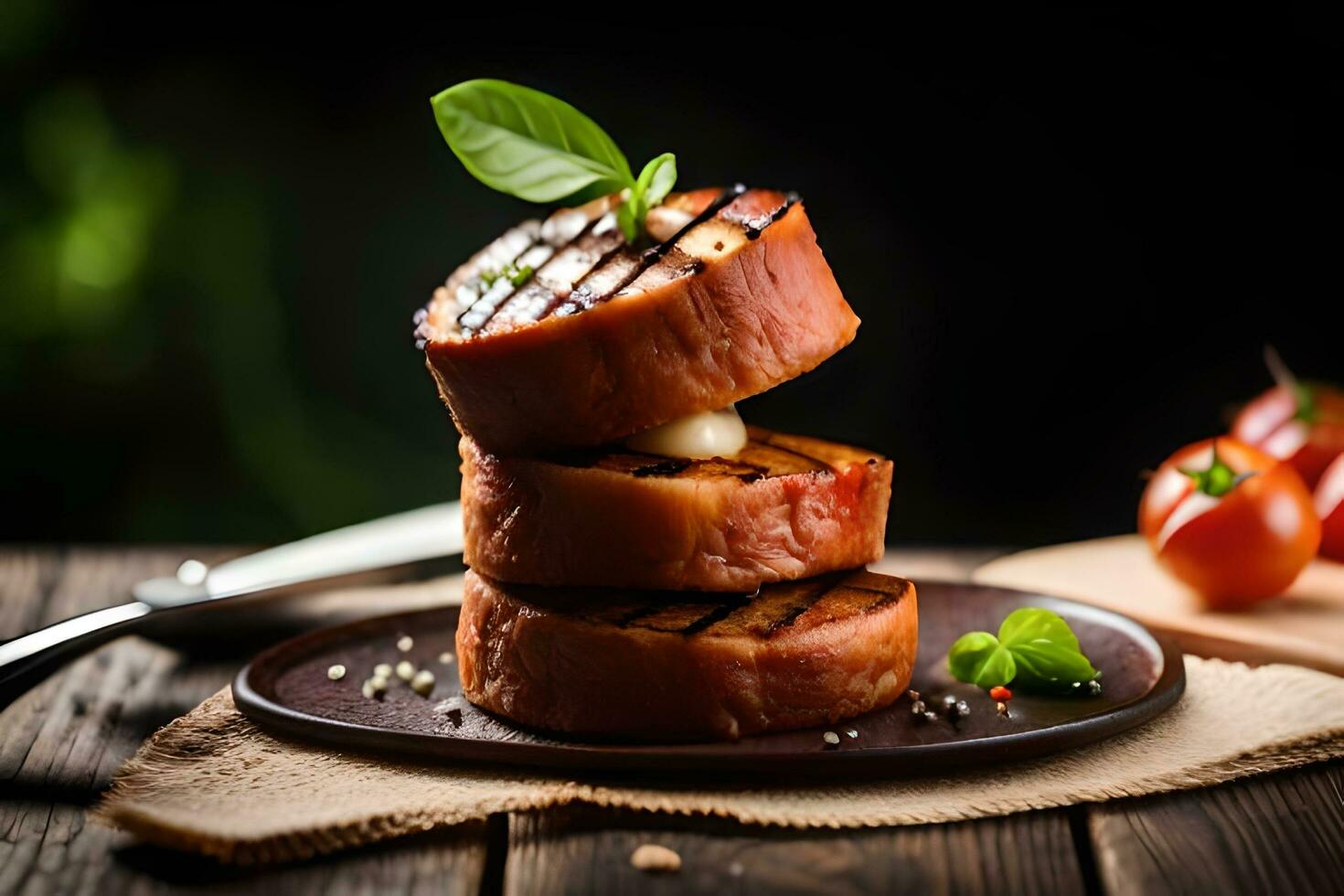 A la parrilla jamón y queso emparedado en un de madera lámina. generado por ai foto