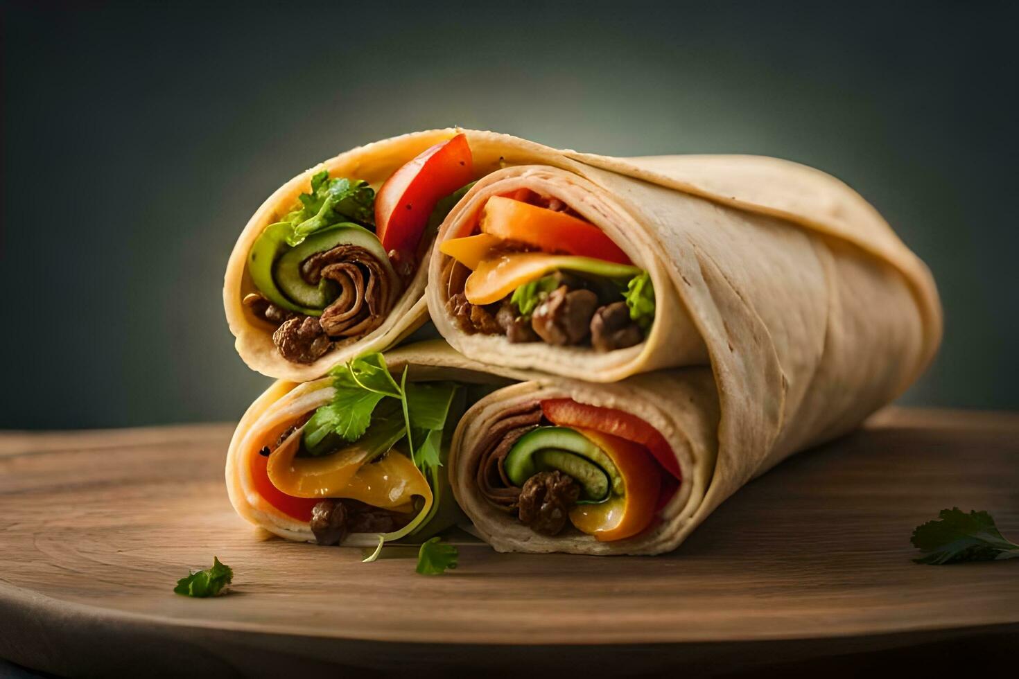 a wrap with meat, vegetables and cheese. AI-Generated photo