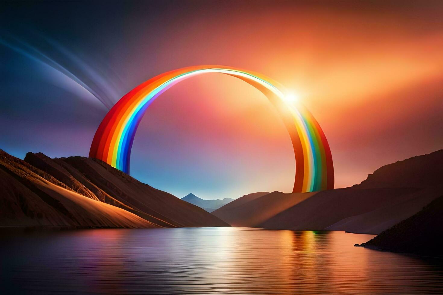 un arco iris es mostrado terminado un montaña rango. generado por ai foto