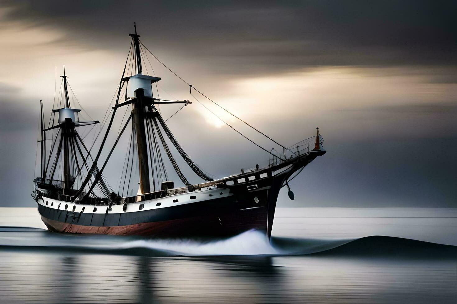 a sailing ship in the ocean with a stormy sky. AI-Generated photo