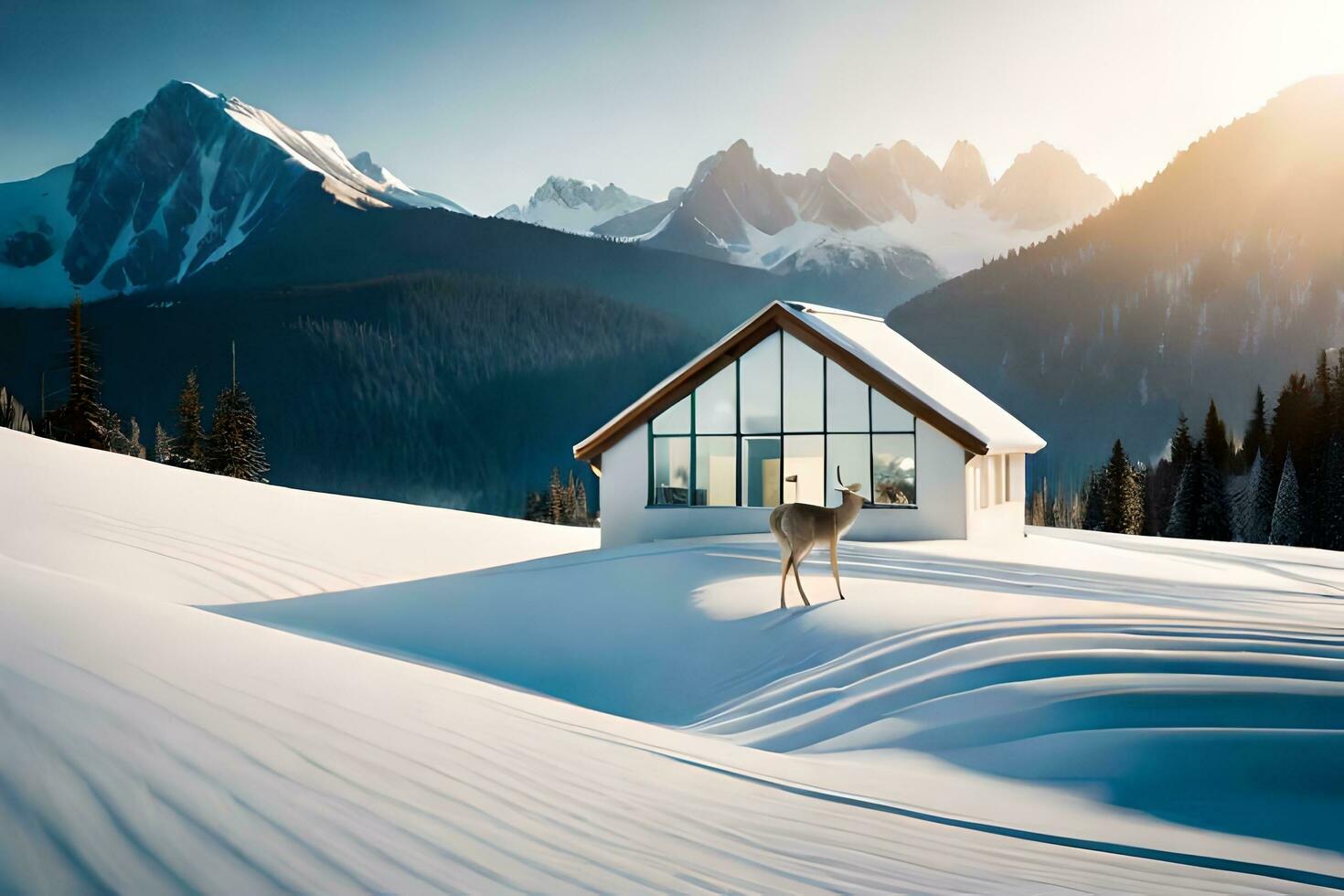 a deer stands in front of a house in the snow. AI-Generated photo