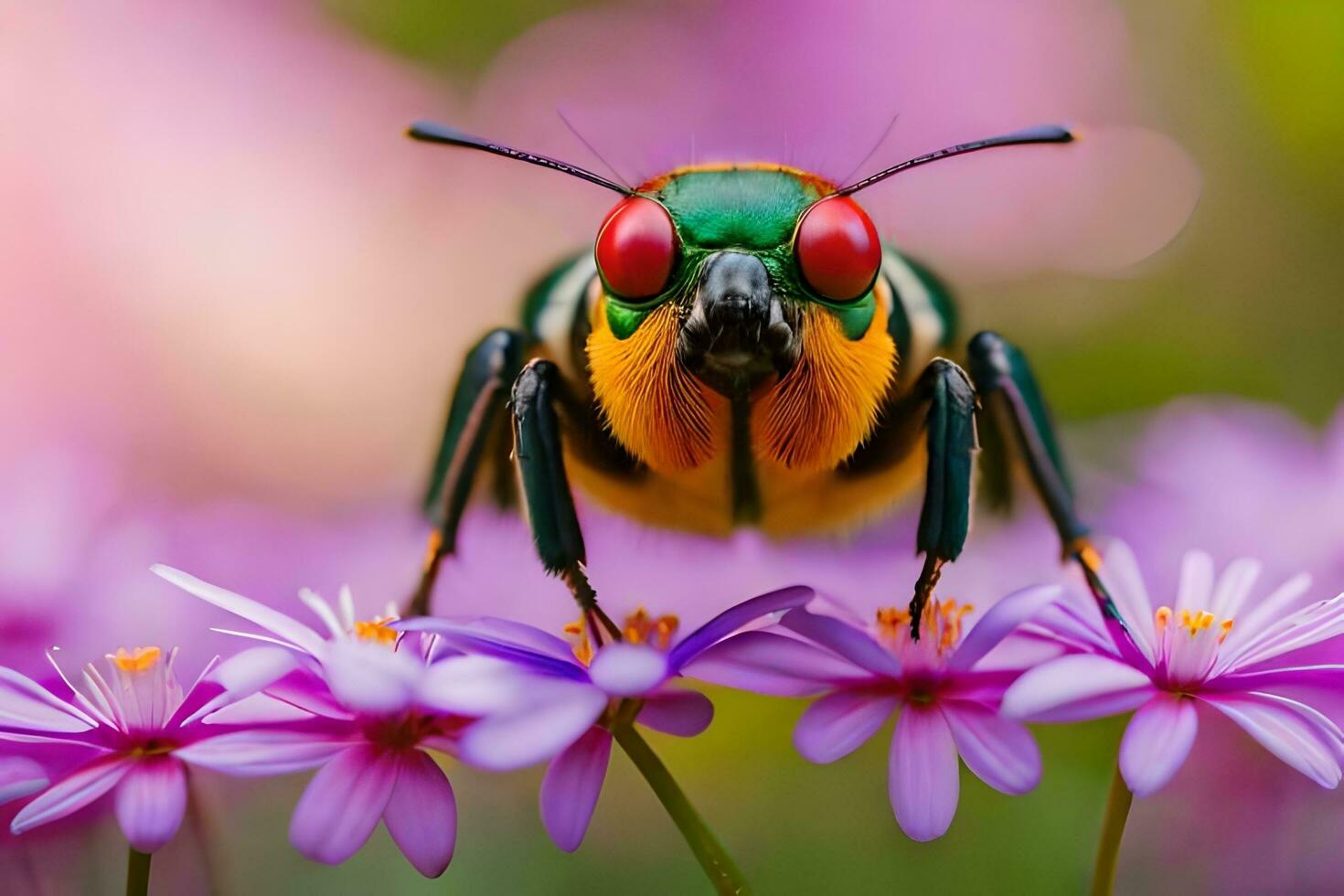 a colorful bug with red eyes sitting on purple flowers. AI-Generated photo