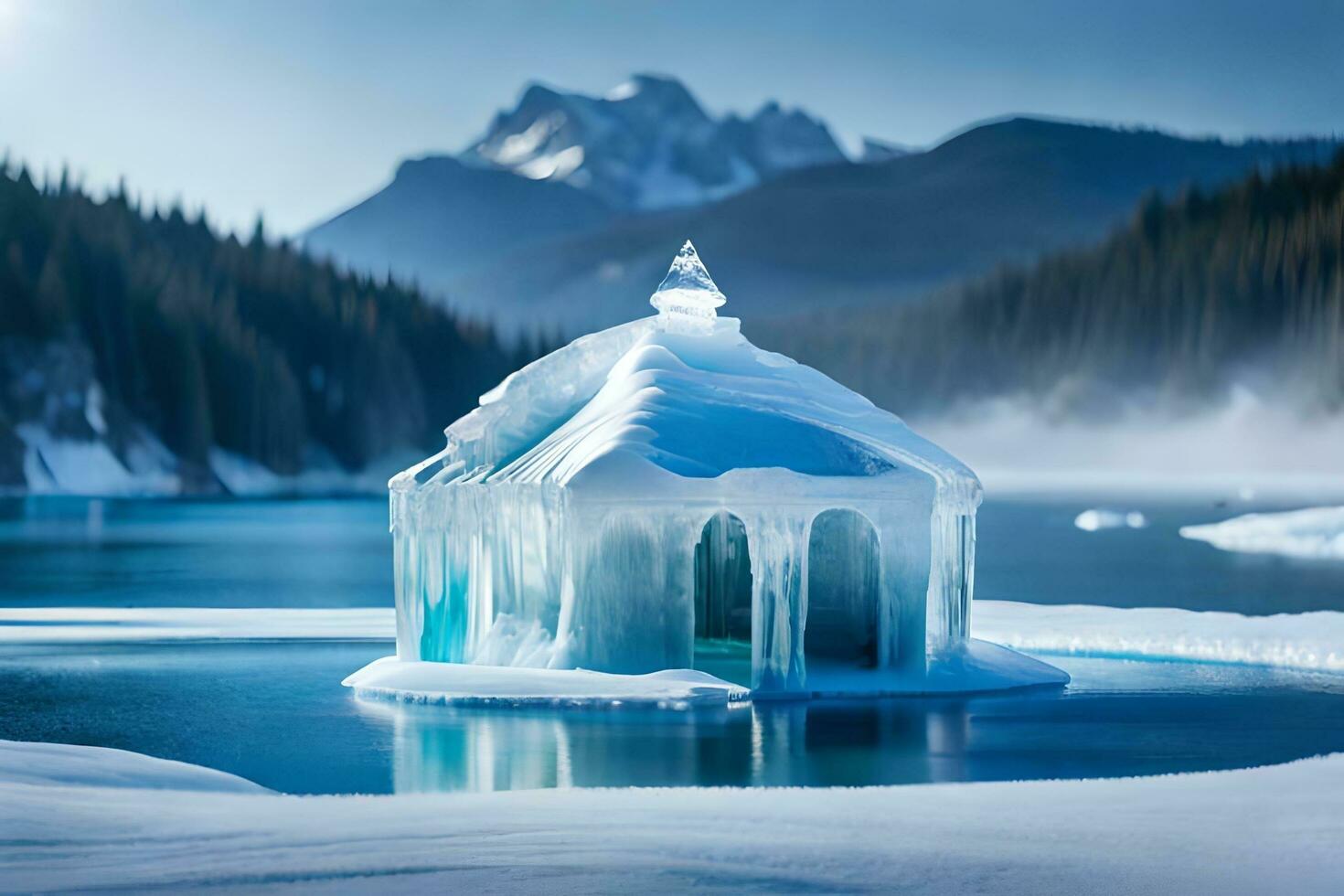 hielo casa en el montañas por Joshua pequeño. generado por ai foto