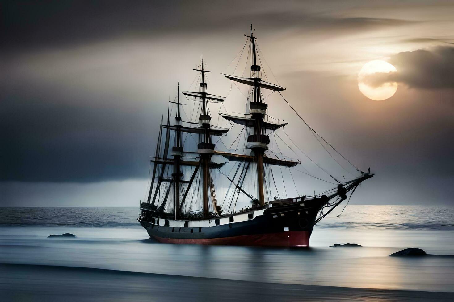 a tall ship in the ocean with a full moon. AI-Generated photo