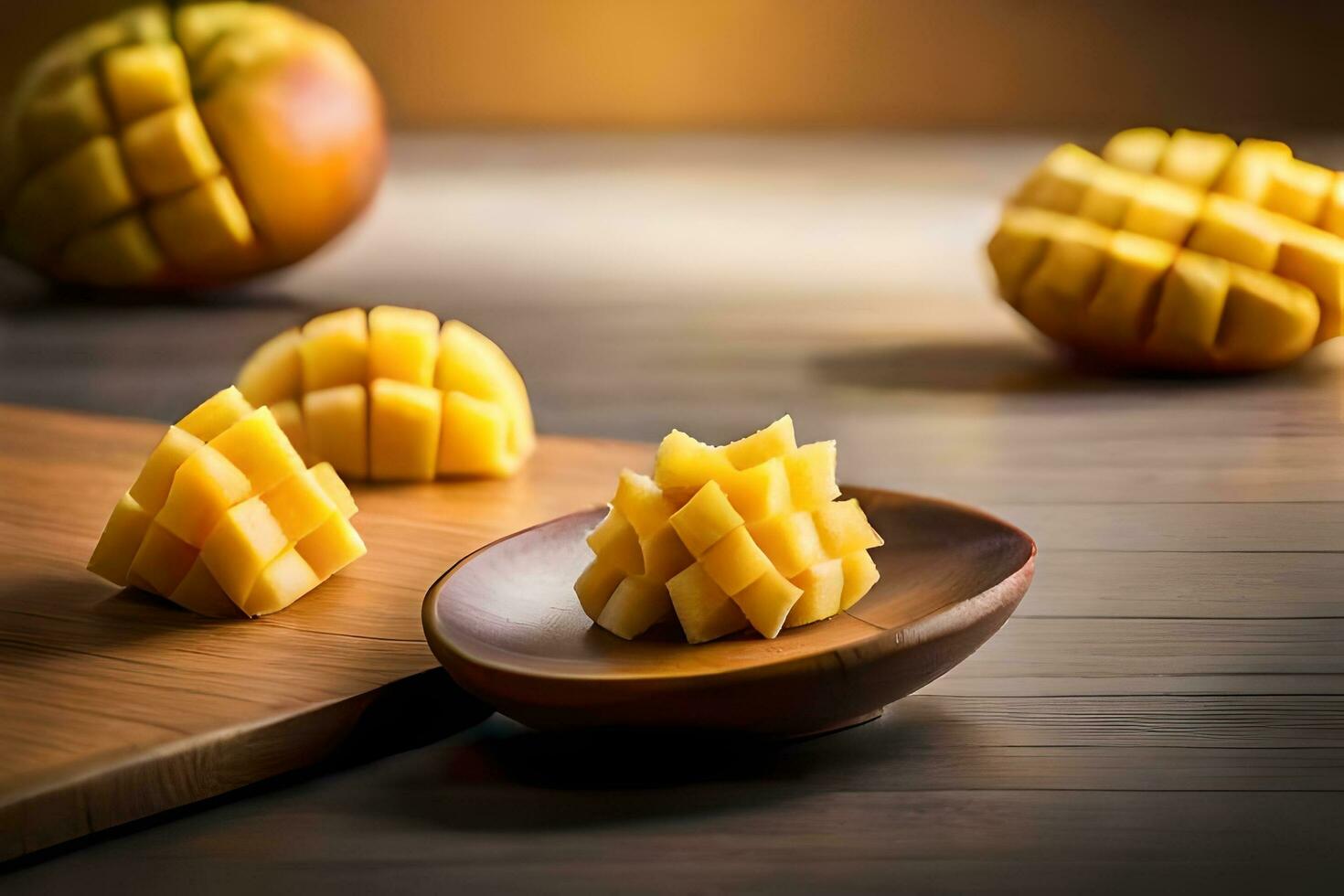 mango slices on a wooden board. AI-Generated photo
