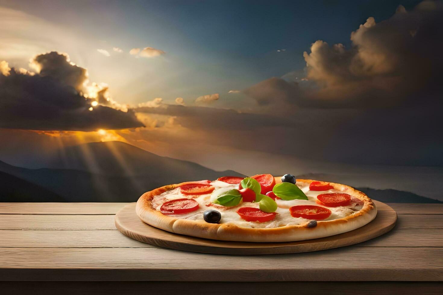 pizza on wooden table with sunset in background. AI-Generated photo