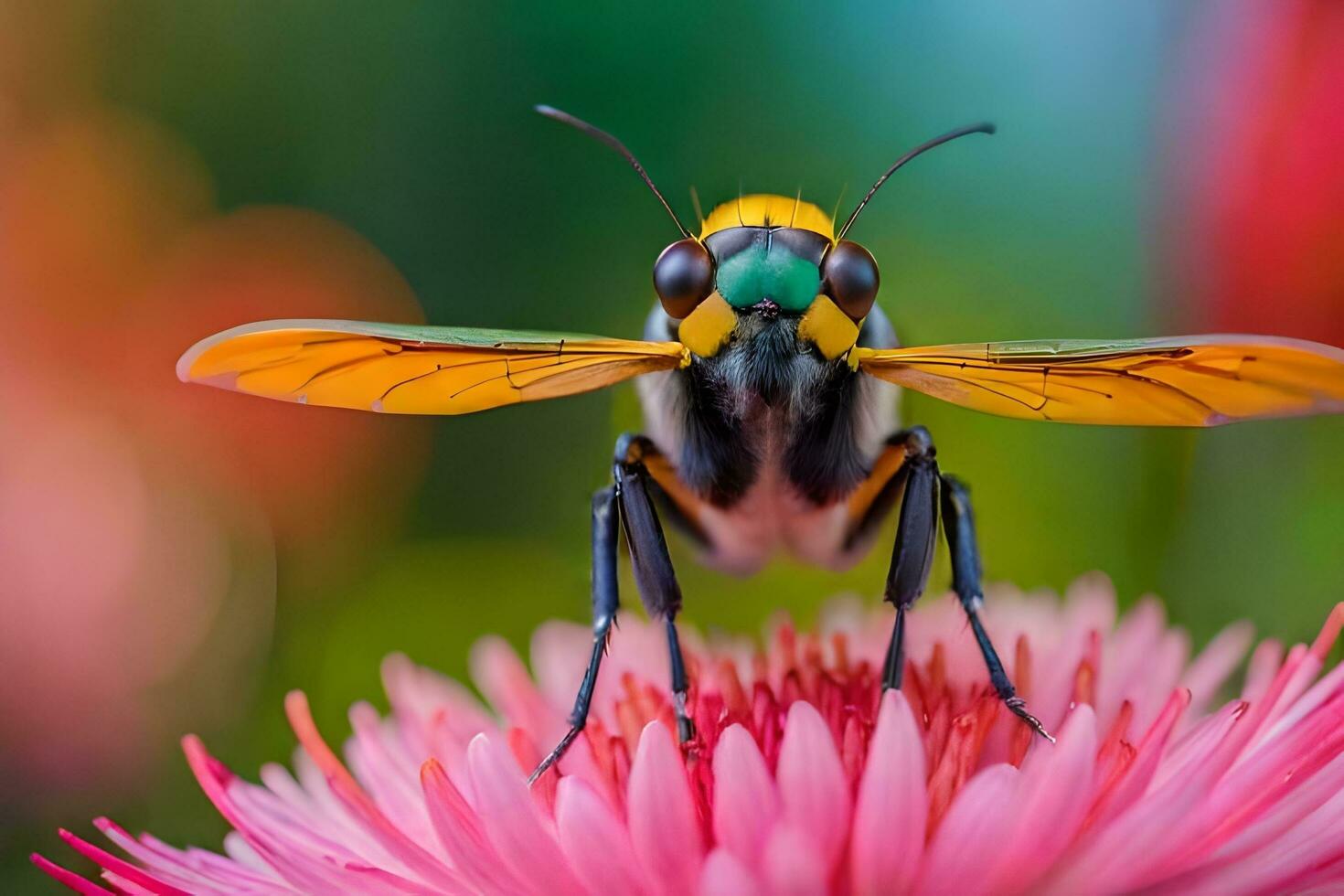 a bee with yellow and green wings sitting on a pink flower. AI-Generated photo