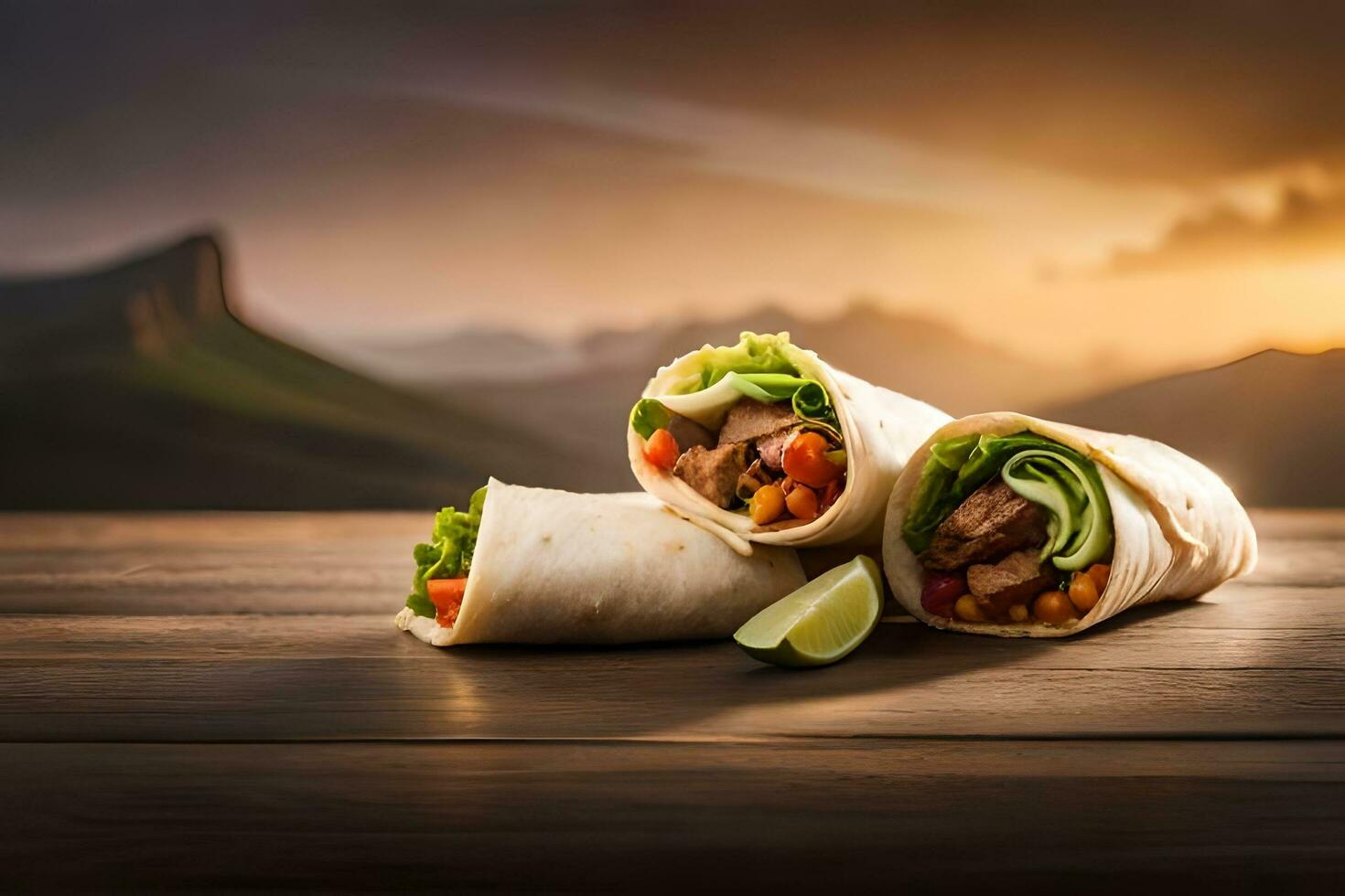 burritos with meat and vegetables on a wooden table. AI-Generated photo